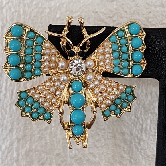 Turquoise and Gold Butterfly Statement Earrings with Pearl Accents - Picture 3 of 6